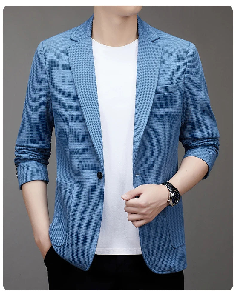 New men's suit jacket with non-stretch flat collar, waffle pattern, for business casual and fitted formal wear.
