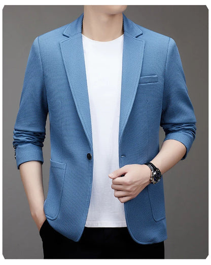 New men's suit jacket with non-stretch flat collar, waffle pattern, for business casual and fitted formal wear.