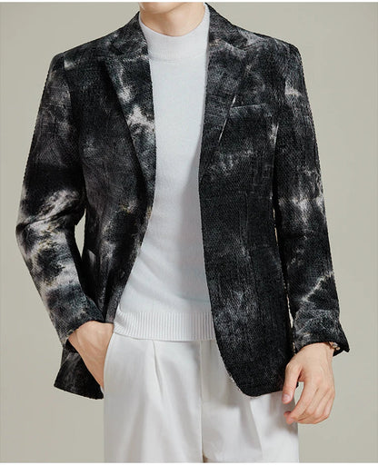 Autumn Korean Slim Fit Suit Jacket for Men Tie Dye Chenille Fashion Casual Suit Jacket Warm Business Social Formal Men Blazers