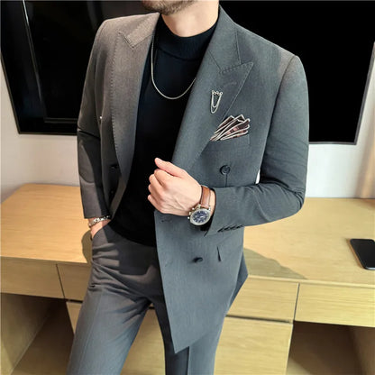 (Jacket + Pants) Fashion Double Breasted Design Slim Men's Suit Italian Style Luxury Wedding Social Party Tuxedo 2 Piece Sets