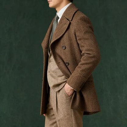 Men's Herringbone Tweed Overcoat Double-Breasted Wide Lapel Wool Blend Formal & Wedding Coat