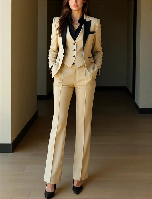 New Beige Women's Suits 3-Piece Blazer Suit Set Formal Fit Pant Suit Ladies Tuxedo (Jacket+Vest+Pants) Tailor Made