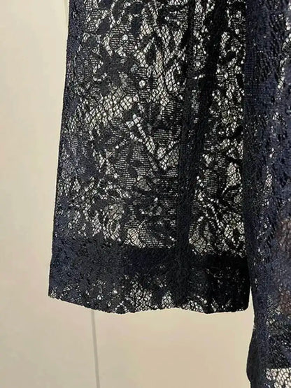 Women Black Sheer Floral Lace Blazer Long Sleeve Lapel Collar Single Breasted See Through Loose Fit Casual wear 2026 new