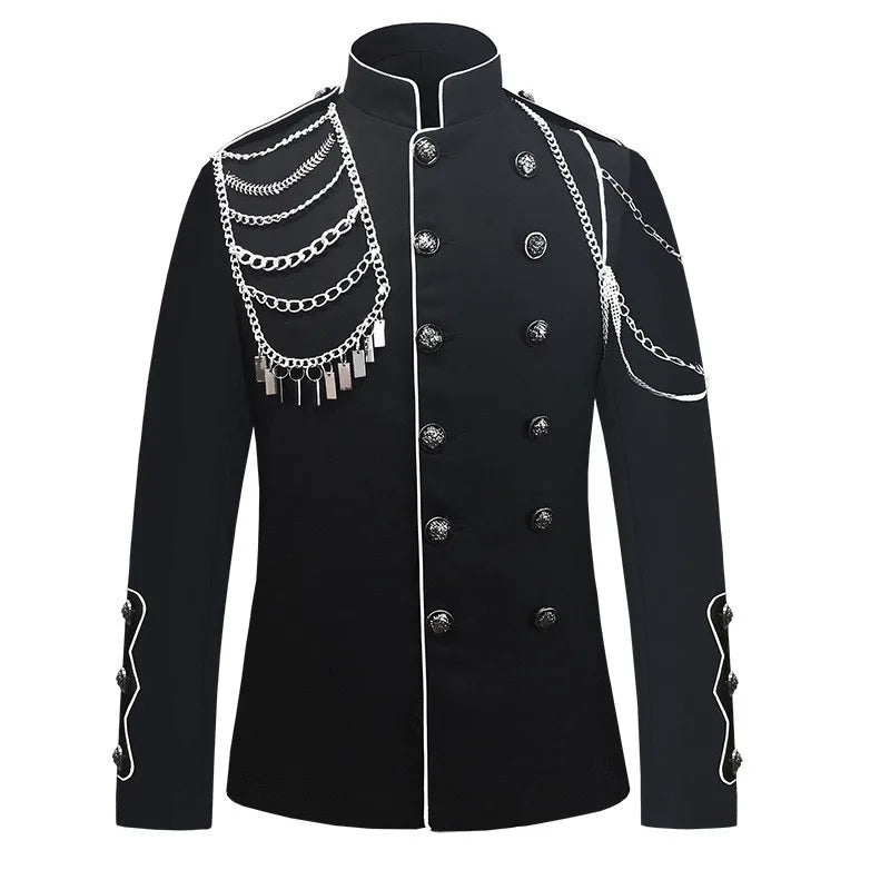 Men's Punk Style Court Jacket with Epaulet Metal Tassel Blazer for Nightclub Singer Dancer Performance Outerwear Stage Wear
