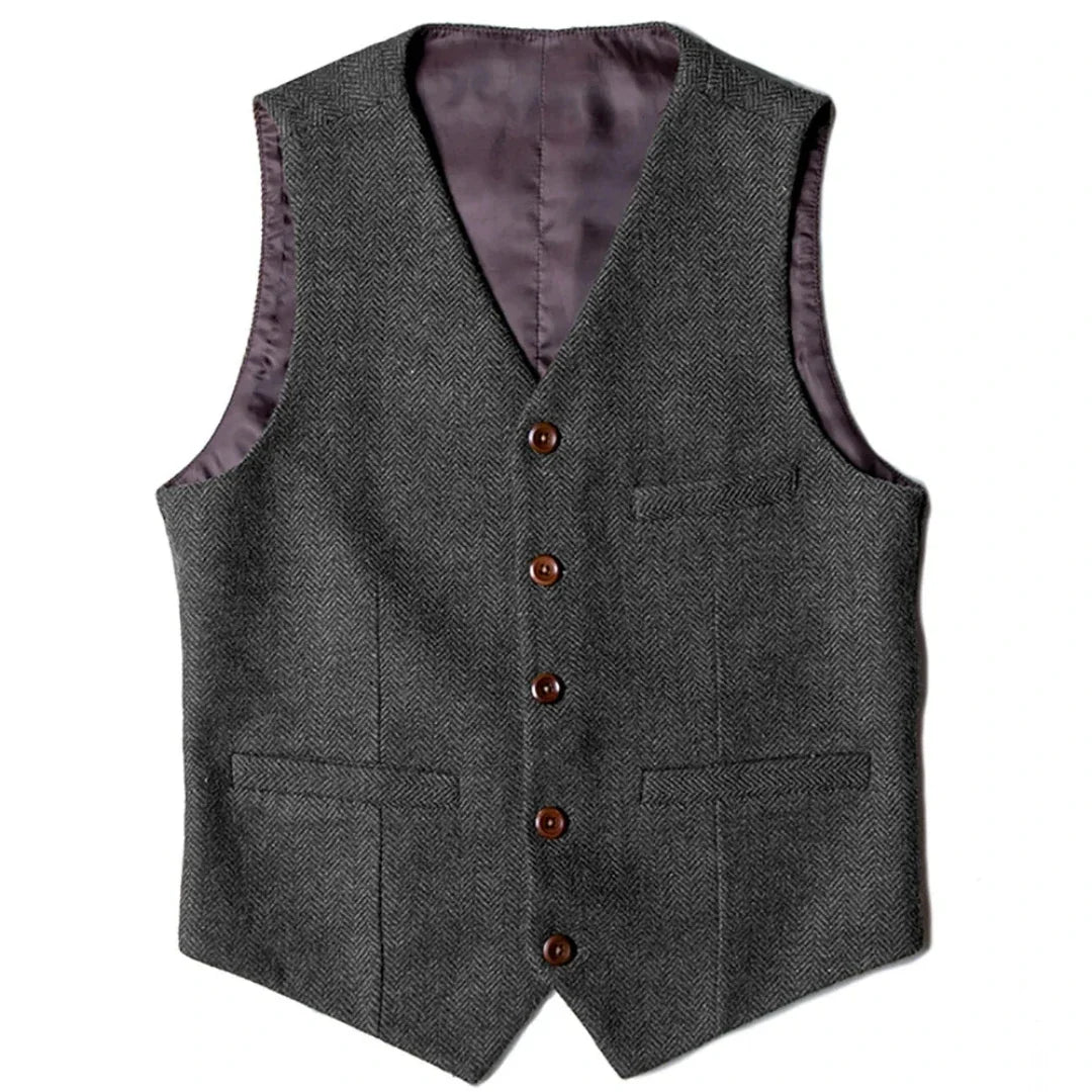 Men's Herringbone Vest Single Button V-Neck Waistcoat for Wedding & Business