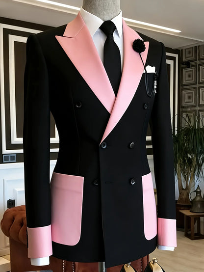 Men's Business Casual Blazer Slim Fit Double Breasted Black Pink Color Block Peak Lapel Formal Tuxedo Jacket Groom Wedding Party