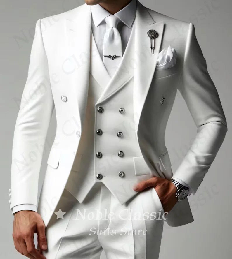 Elegant White Men Wedding Suit 3 Pieces Double Breasted Blazer Vest Pants Set Formal Business Prom Groom Outfit Customized