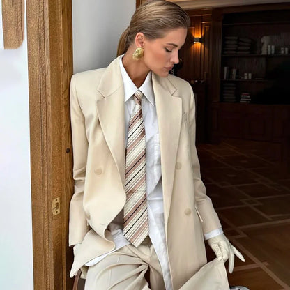 Modern Women Beige Oversized Suit Double Breasted Chic 2 Piece(Jacket+Pants) Set Casual Office Lady Wear Everyday Outfit