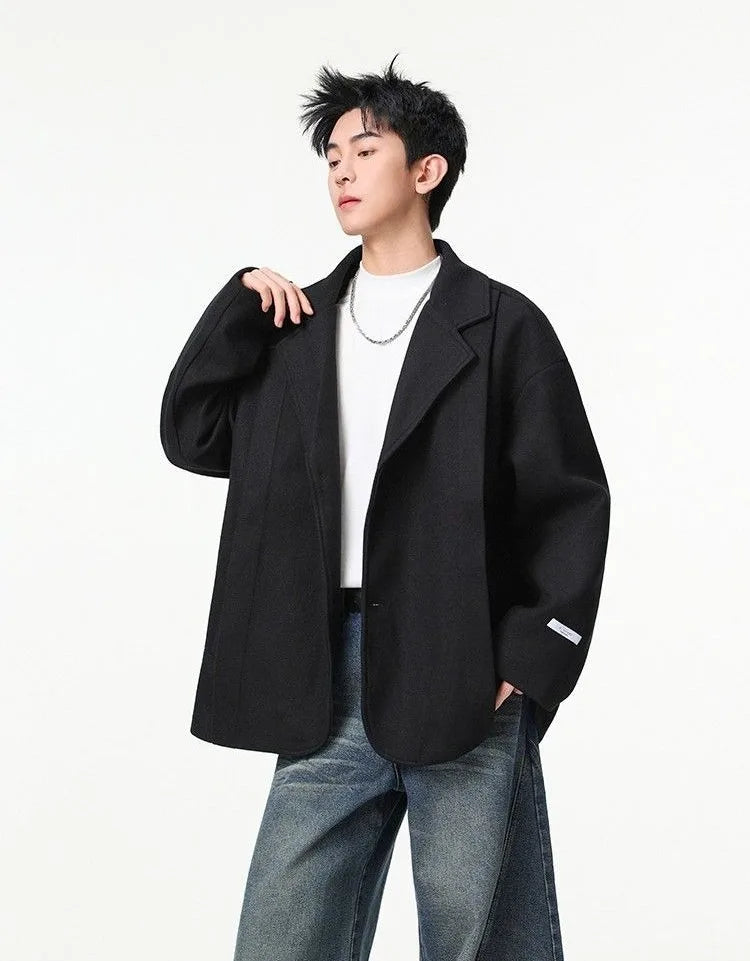 Men's British Style Brown Wool Blend Blazer Korean Loose Lapel Chic Autumn Fashion Suit Jacket