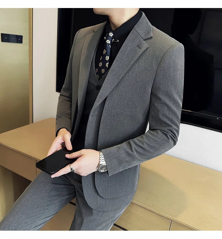 British Style Fake Two-piece Suit Set Men's Wedding Groom Dress 3 Piece Set Suit Vest Trousers Slim Office Business Casual Suits