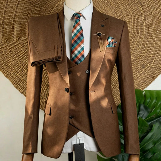 Men Suit Brown 3 Piece Solid With Lapel For Wedding Groom Birthday Banquet Party Prom Business Office Work Jacket Vest Pants