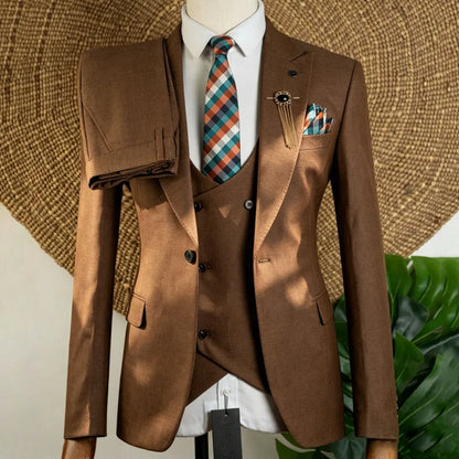 Men Suit Brown 3 Piece Solid With Lapel For Wedding Groom Birthday Banquet Party Prom Business Office Work Jacket Vest Pants