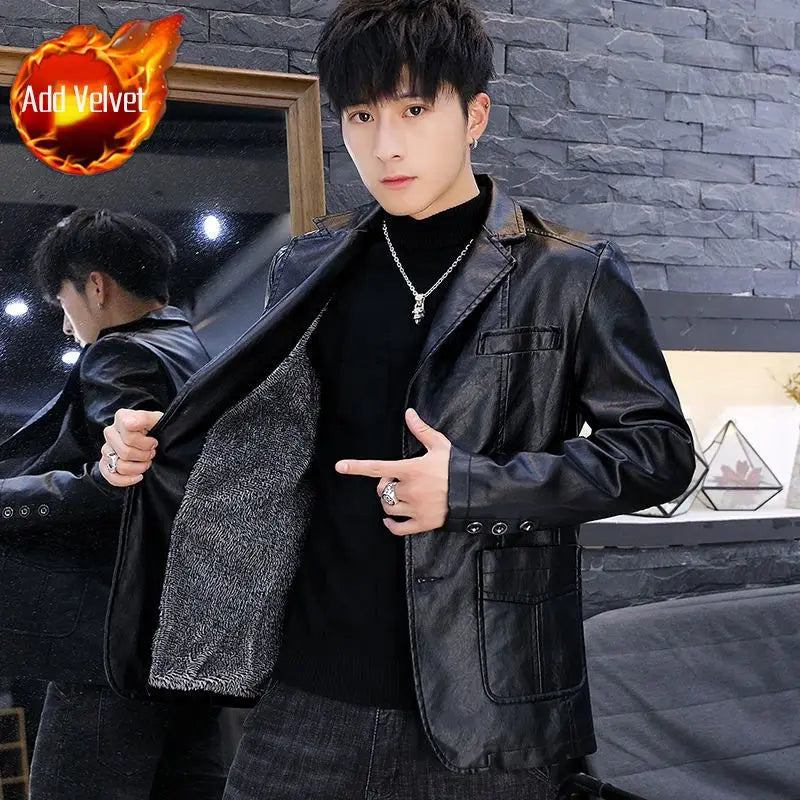 Men's Faux Leather Blazer Jacket Autumn Winter Warm Fleece Lined Casual Versatile Outerwear