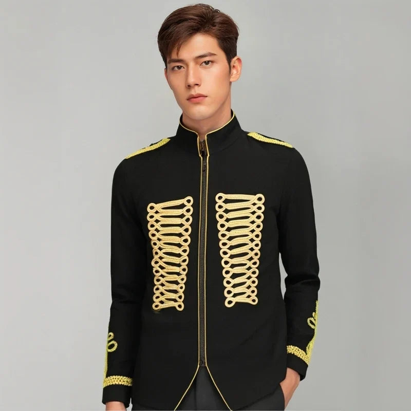 Men's European Style Stand Collar Zipper Blazer Golden Rope Detail Cosplay Middle Ages Tuxedo for Stage Performances And Parties