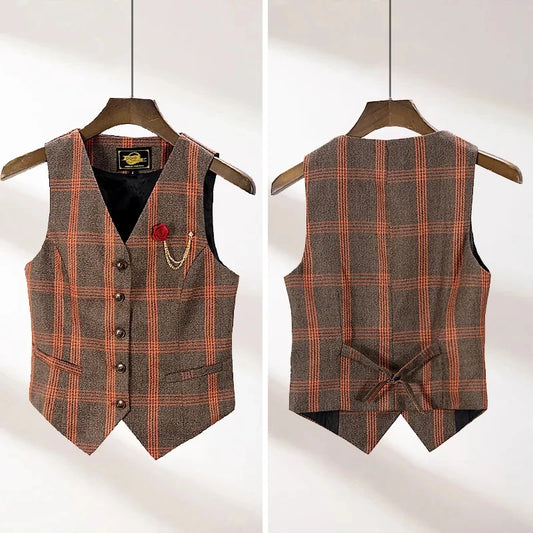 Korean 2024 New Women's Blazer High End Casual Vest Waistcoat Female Blue Grid Sleeveless Short Jacket