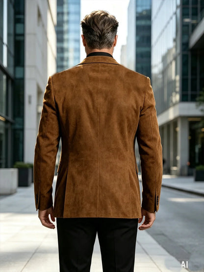 Luxury Men's Suede Blazer Notched Lapel Casual Business Sport Coat Slim Fit Gentleman Formal Wedding Office Suit Jacket Autumn
