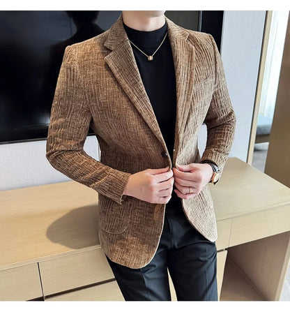 2025 Winter Chenier Thick Suit Jacket for Men Korean Slim Fit Casual Business Men Blazers Wedding Groom Office Social Dress Coat