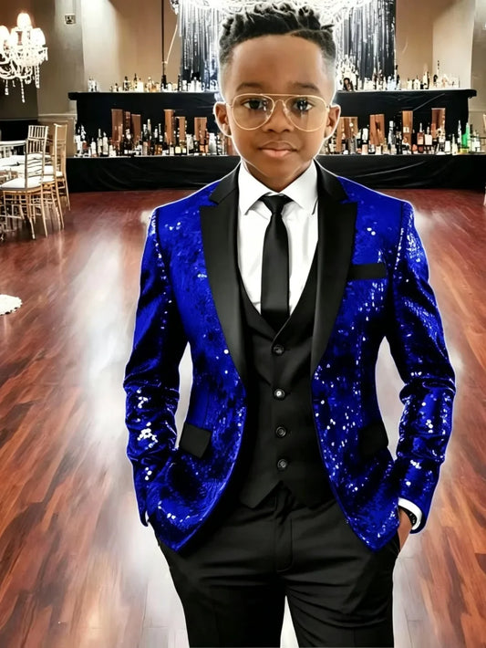 New Boys Sequined Homecoming Suit Set 3 Pieces Party Wear Notched Lapel Handsome Kids Tuxedo For Birthday Plus Size