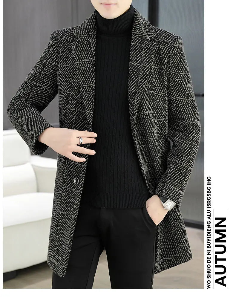 High-quality winter men's fashionable and stylish woolen overcoat, suit collar, mid-length windbreaker, woolen coat