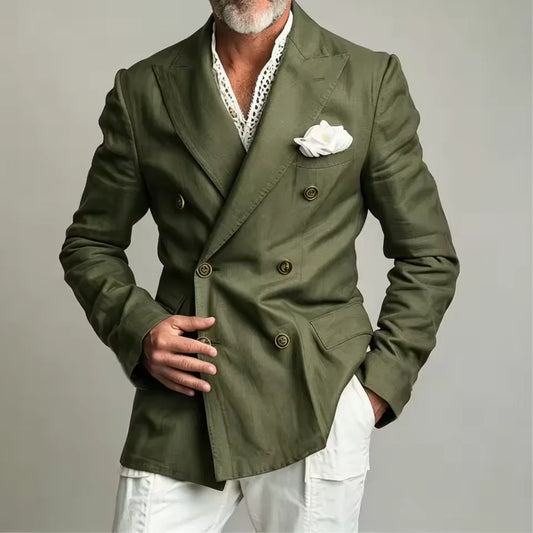 Men's Double Breasted Linen Blend Blazer Slim Fit Peak Lapel Summer Wedding
