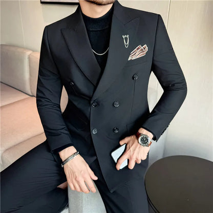 (Jacket + Pants) Fashion Double Breasted Design Slim Men's Suit Italian Style Luxury Wedding Social Party Tuxedo 2 Piece Sets