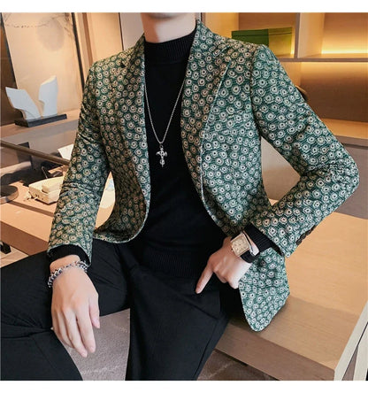 Autumn Winter Corduroy Flower Blazers Men Slim Fit Casual Suit Jacket Casual Suit Jacket Wedding Business Dress Coat Streetwear