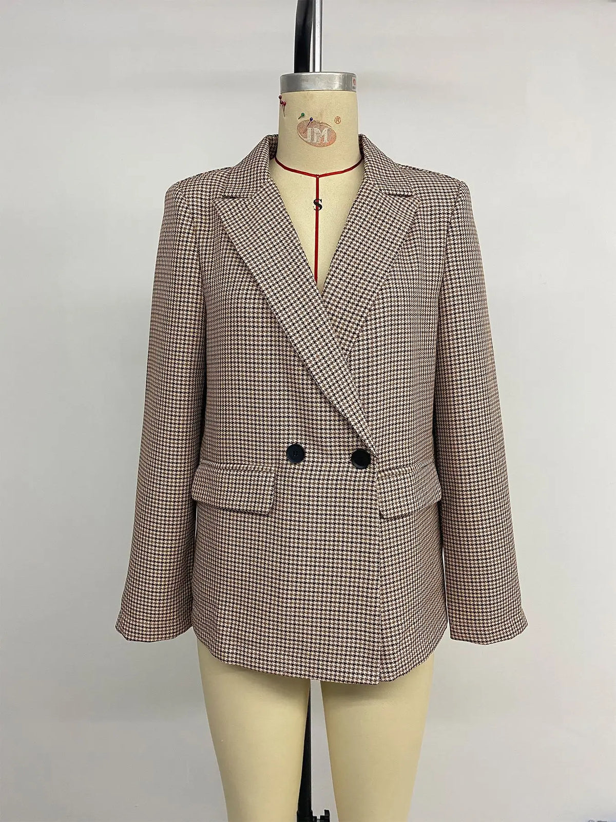 Spring Autumn 2026 Vintage Houndstooth Blazer Women Notched Loose Jacket Coat Women Clothing Female Casual 63997