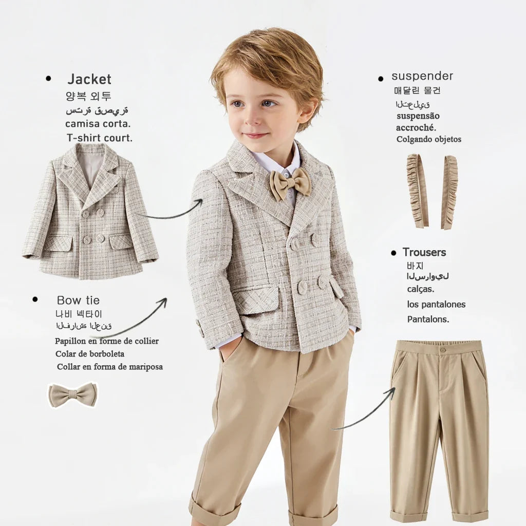 Baby Boys Gentleman Tweed Suit Set Kids Flower Boy Wedding Formal Wear Double Breasted Blazer Khaki Pants Bow Tie Birthday Party