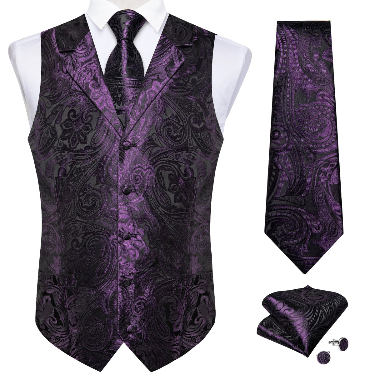 Men's Paisley Suit Vest – Single-Breasted Waistcoat with Tie, Handkerchief & Cufflinks for Weddings & Banquets