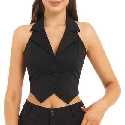 Womens Fashion Vest Shirts Separate Waistcoat Crop Tops Lapel Halter Backless Button Down Pointed Hem Vest for Party Formal Wear