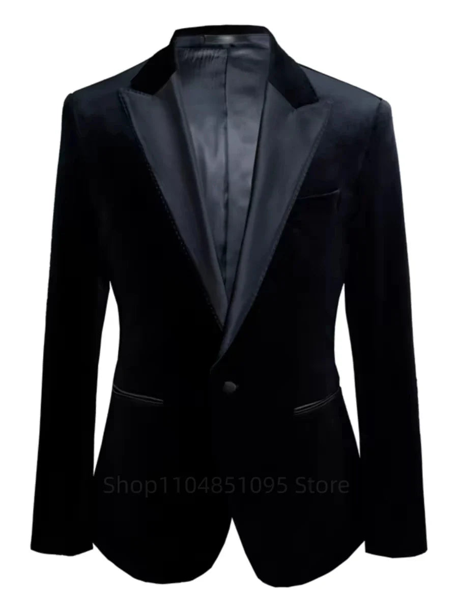 Black Velvet Men's 3 Piece Slim Fit Tuxedo Suits Business Wedding Party Elegant Blazer Vest Pants Set Formal Men's Clothing