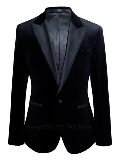 Black Velvet Men's 3 Piece Slim Fit Tuxedo Suits Business Wedding Party Elegant Blazer Vest Pants Set Formal Men's Clothing