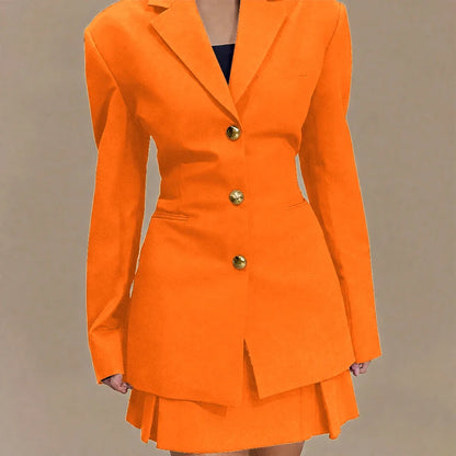 Women's Pleated Skirt Suit Set 2025 2Pieces(Tailored Blazer&High Waist Skirt) Office Chic Single-breasted Notch Lapel Outfit