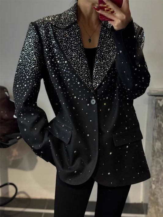 Spring Office Ladies Suit Jacket Fashion Loose Fit Diamonds Design Black Blazers Tops Long Sleeve New Women Elegant Outerwear