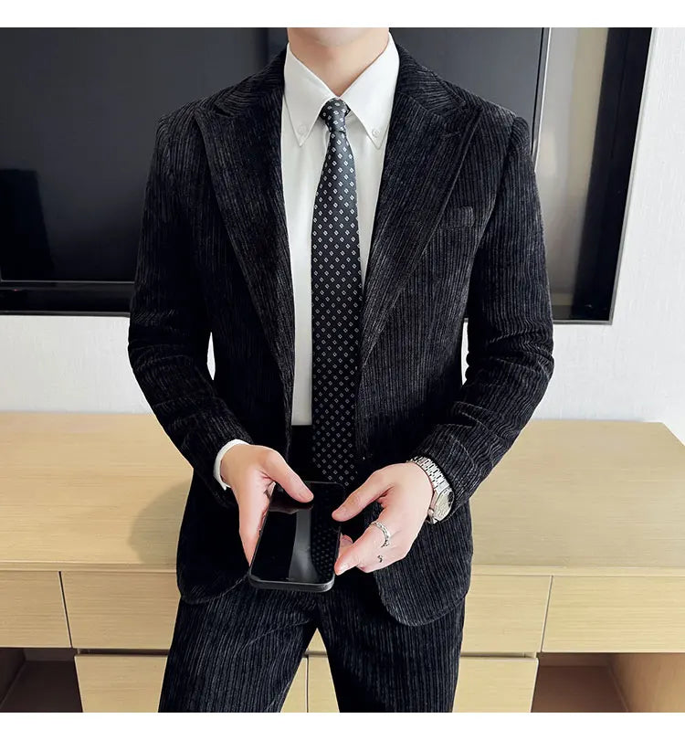 ( Jacket+Pants) Men Corduroy Suit Two-Piece Set High Quality Italian Style Business Suit Luxury Men Formal Wedding Groom Tuxedos