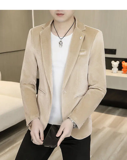 Blazer: An Outdoor Fashion Business Gentleman Wedding Host Slim-fit Casual Korean-style Youthful Men's Golden Velvet Blazer