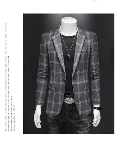 2025 Slim Fit Men's Casual Suit Handsome Fashion Plaid Blazer Polyester Business Wedding High-Quality Male Attire