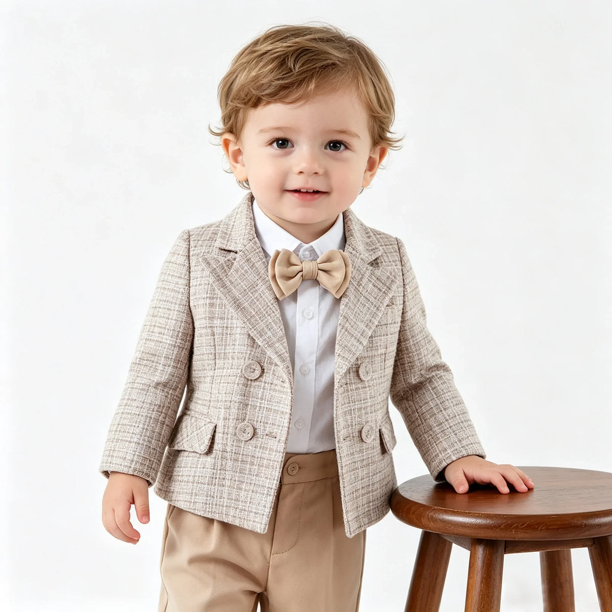 Baby Boys Gentleman Tweed Suit Set Kids Flower Boy Wedding Formal Wear Double Breasted Blazer Khaki Pants Bow Tie Birthday Party
