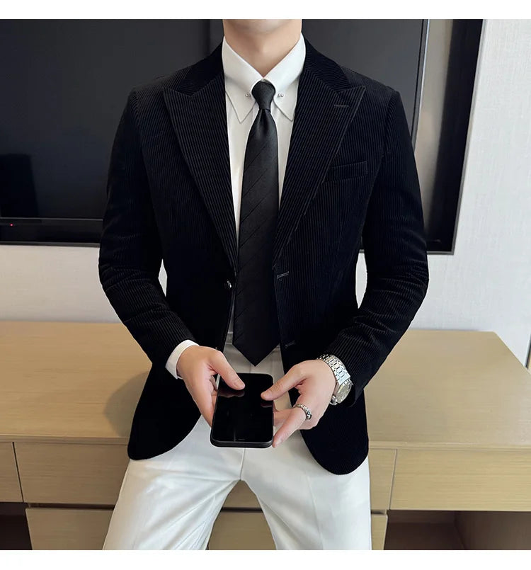 Autumn Winter New Corduroy Striped Suit Jacket Men High Quality Slim Fit Business Social Formal Suit Coats Tailcoat Men Clothing