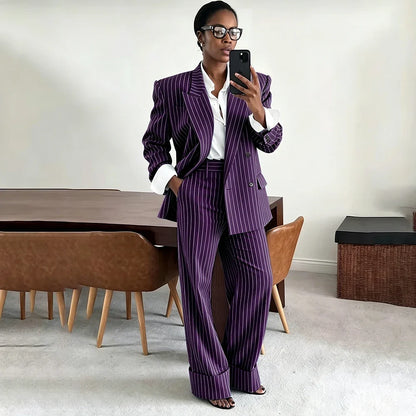 Neutral Gray Pinstripe Oversized Matching Sets Double Breasted Women's Suit Casual Formal 2-Piece(Jacket+Pants) Office Set