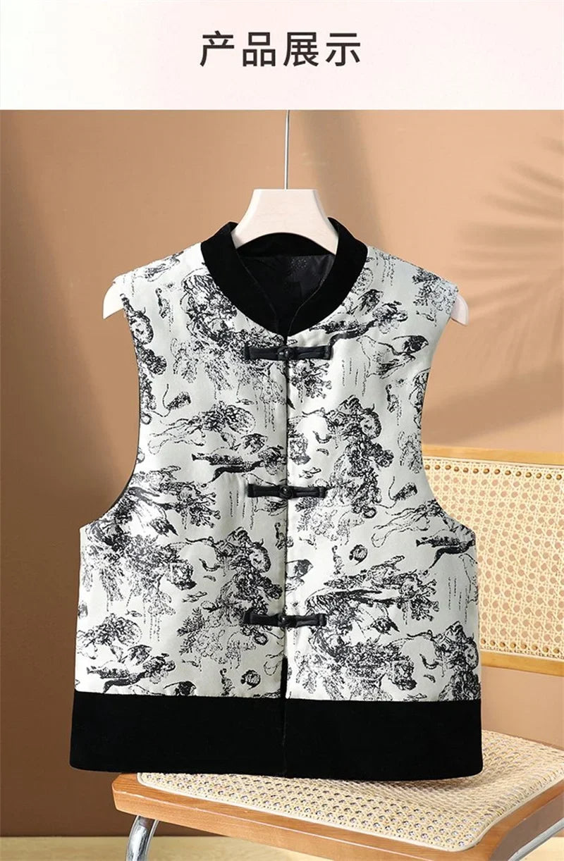 Women Light National Style Button Ink Tang Costume Coat Spring Autumn Female Sleeveless Small Coat Ladies New Chinese Style Vest