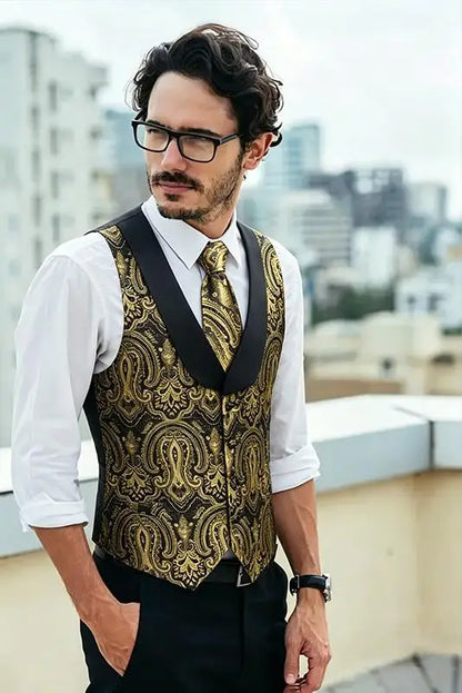 Men's Formal Vest Single Breasted Jacquard Shawl Collar Waistcoat Dark Gold Floral Wedding