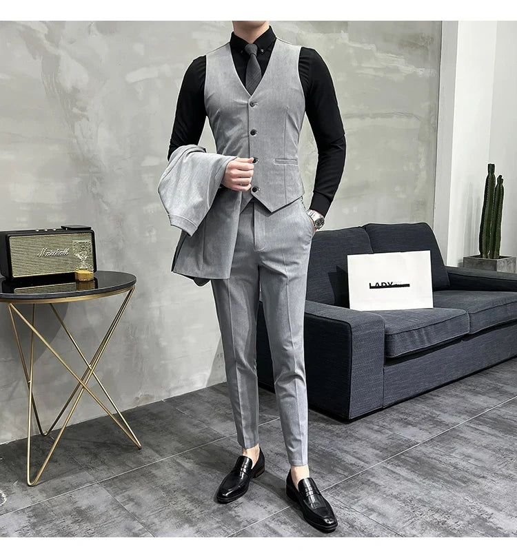 Men's Slim Fit 3-Piece Suit – Solid Color, Smart Casual & Wedding