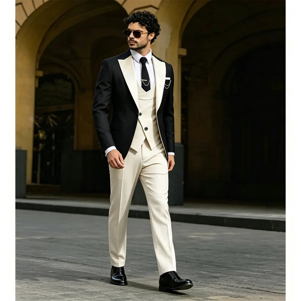 Mens Pant Suit Classic Contrast Flat Collar Blazer Jacket Slant-breasted Vest Trousers 3 Piece Set for Wedding Groom Groomsmen