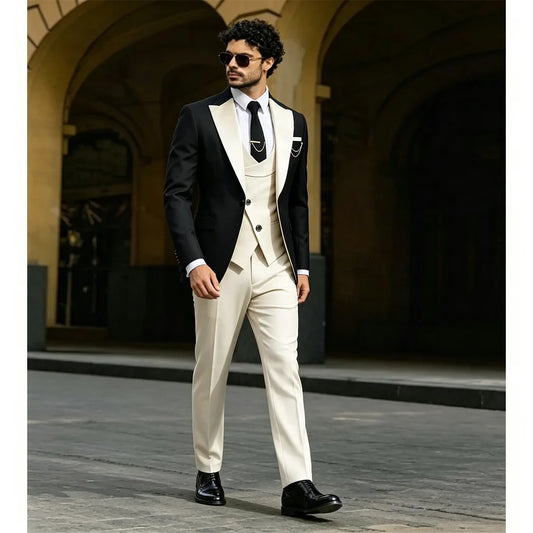 Mens Pant Suit Classic Contrast Flat Collar Blazer Jacket Slant-breasted Vest Trousers 3 Piece Set for Wedding Groom Groomsmen