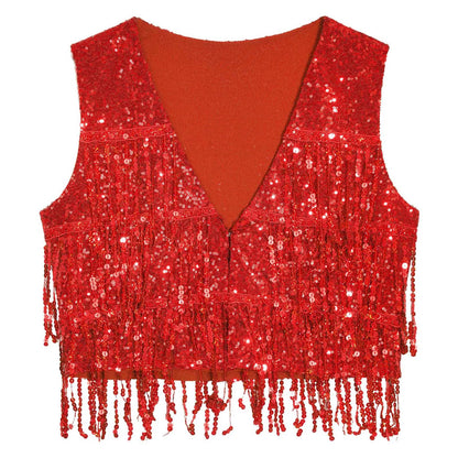 Women's Tassel Sleeveless Waistcoat Shiny Sequins Vest Glitter Fashion Open Front Vests Disco Jazz Dance Music Festival Clubwear