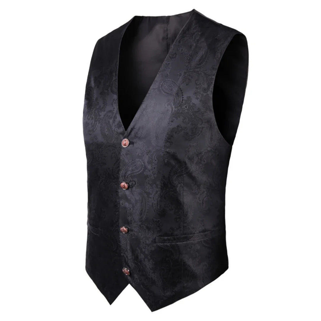 Men's Vest Blue Retro Jacquard Pattern Single Button V-Neck Waistcoat for Wedding & Formal Occasions