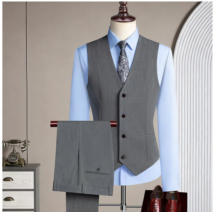 New Korean-style Casual Suit - Stylish and Handsome Solid-color Wedding Banquet Tailored Suit Set of Three Pieces