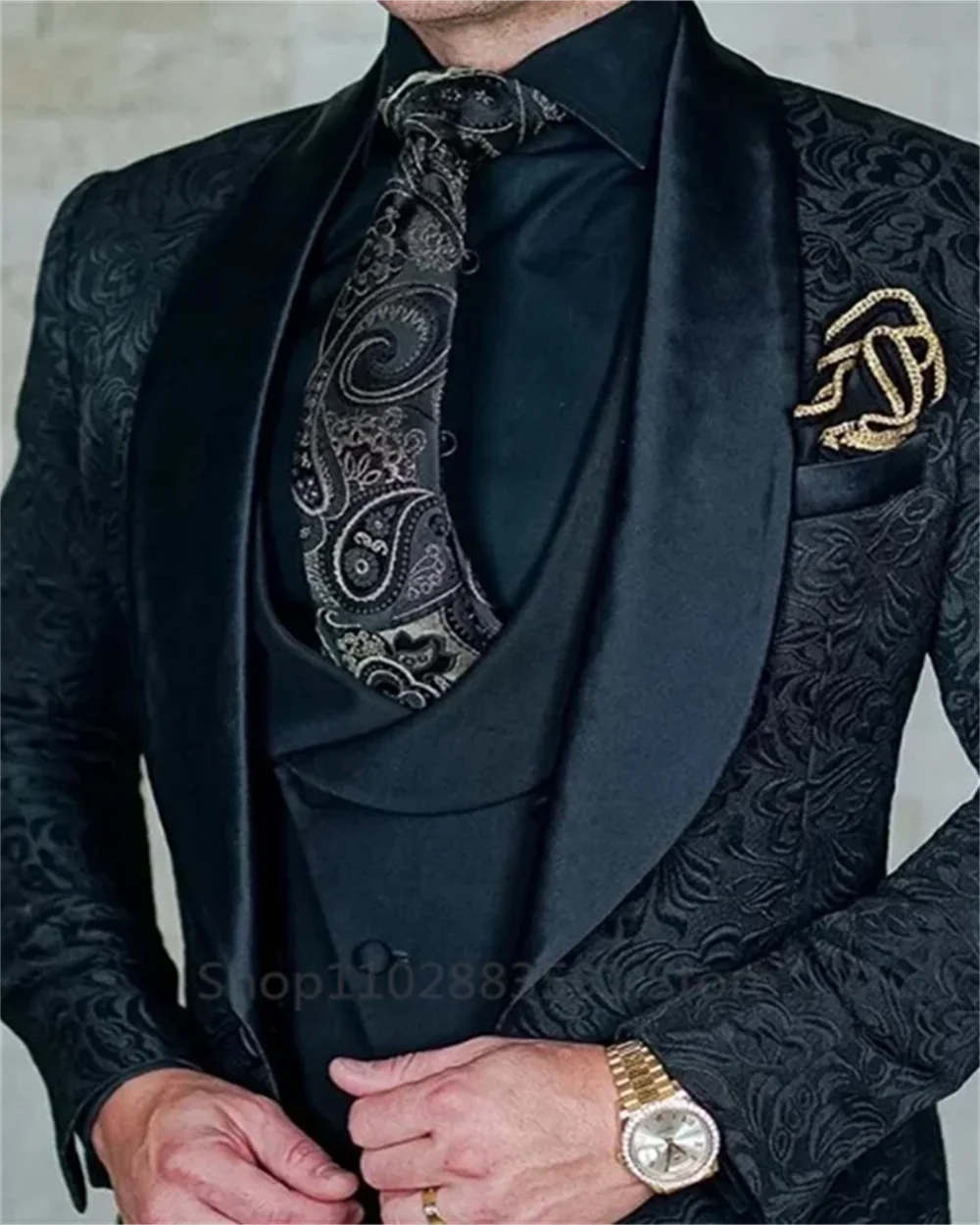 3 Pièces Noir Jacquard Mariage Fête Tuxedo Pour Marié Revers Châle Slim Fit Costumes Homme Gilet Pantalon