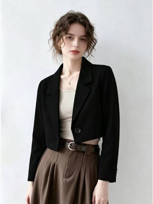 Women Black Gothic Blazer Jacket Korean Style Y2k Gyaru 2000s Vintage Long Sleeve Emo Outerwear Cropped Suit Coat Spring Autumn
